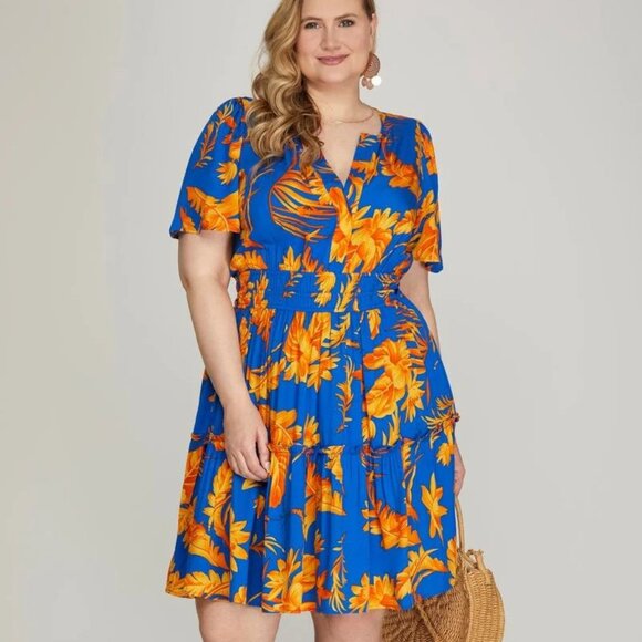 ROYAL BLUE FLORAL PLUS SIZE MINI DRESS - Picture 4 of 6